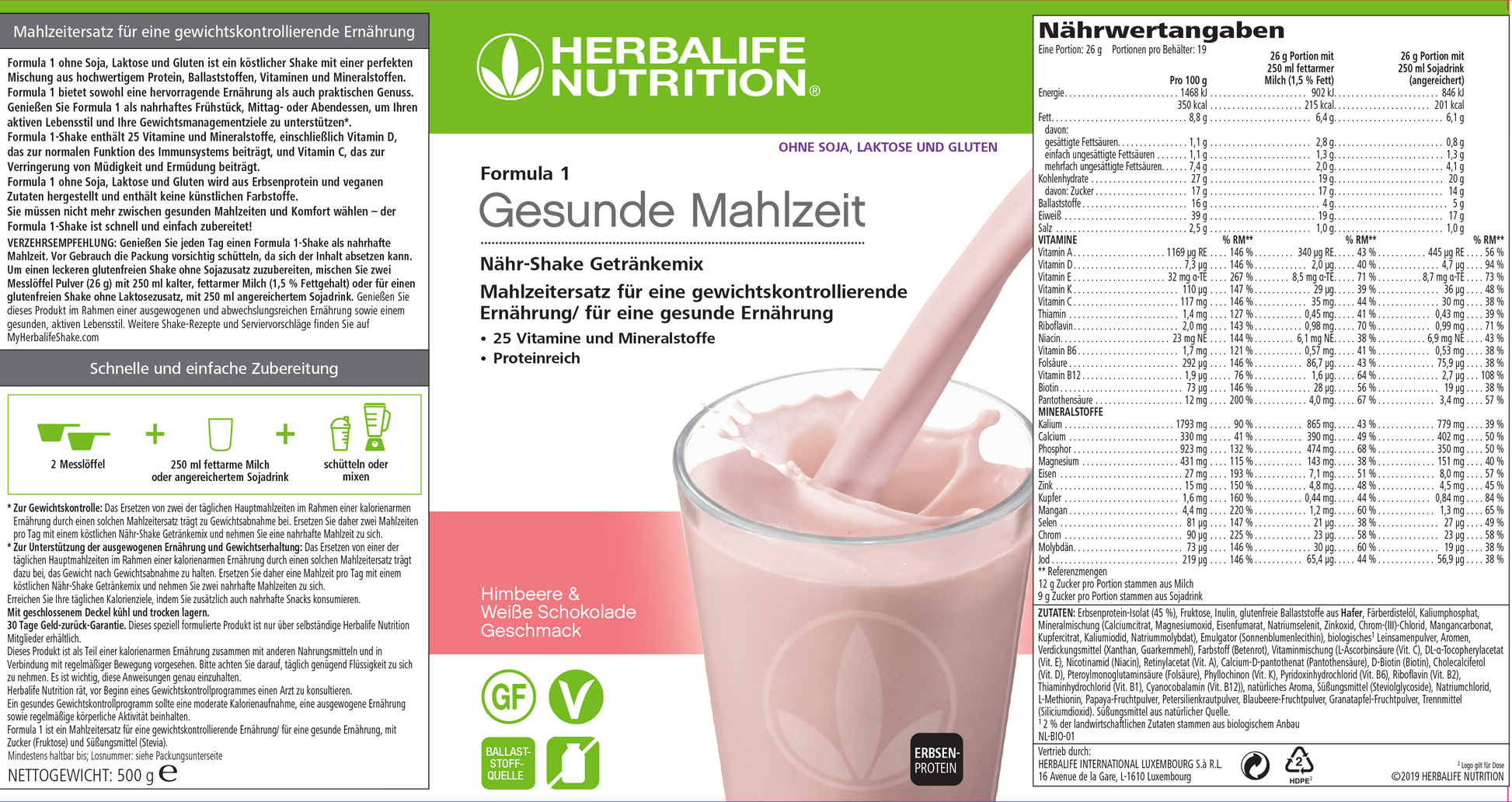 Formula 1 ohne Soja, Laktose und Gluten, mit Himbeere & weisse schokolade 500 g Herbalife Stratulat